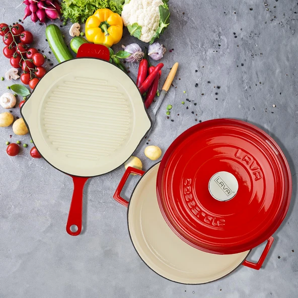 Lava Döküm 2X Edition Serisi Özel Koleksiyon Döküm Demir Tencere & Tava Seti  Kırmızı - Resim 8