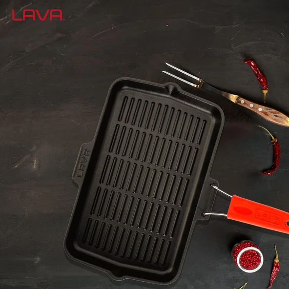 Lava Döküm Dikdörtgen Sığ Izgara Tavası Silikon Tel Saplı Ölçü 21x36cm.  Yeşil - Resim 6