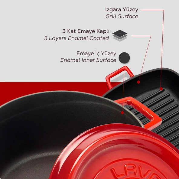 Lava Döküm Trendy 4 Parça Tencere Tava Seti  Kırmızı - 6