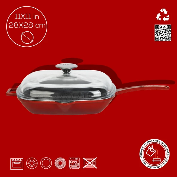 Lava Döküm Kare Izgara Tava Cam Kapaklı Döküm Demir Yekpare Saplı Ölçü 28x28cm.  Kırmızı - Resim 4