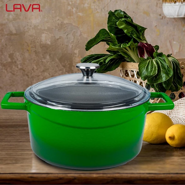 Lava Döküm Yuvarlak Tencere Cam kapaklı. Glaze Çap(Ø)20cm.  Yeşil - 7