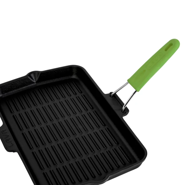 Lava Döküm Dikdörtgen Sığ Izgara Tavası Silikon Tel Saplı Ölçü 21x36cm.  Yeşil - Resim 5