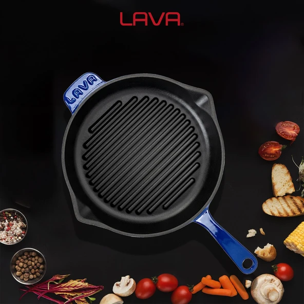 Lava Döküm Yuvarlak Izgara Tava Döküm Demir Yekpare Saplı Çap(Ø)28cm.  Mavi - 7