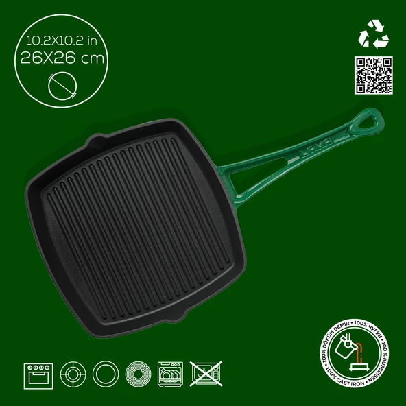 Lava Döküm Kare Izgara Tava Döküm Demir Yekpare Saplı. Ölçü 26x26cm.  Yeşil - Resim 3