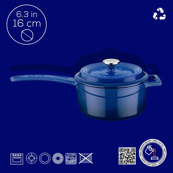 Lava Döküm Yuvarlak Sos Tenceresi. Döküm Demir Yekpare Saplı Trendy Serisi Çap(Ø16 cm.  Mavi - Resim 4