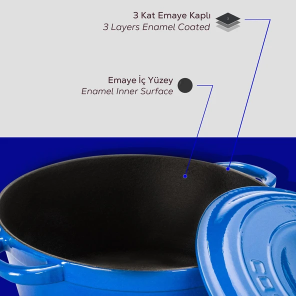 Lava Döküm Yuvarlak Tencere Döküm Demir Kapak New Heritage Serisi Çap(Ø)26cm.  Mavi - Resim 6