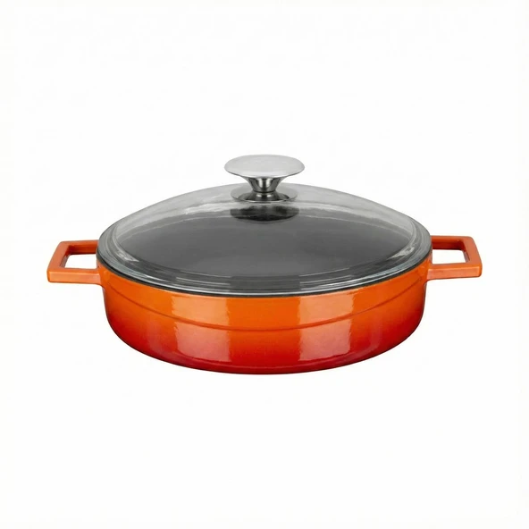 Lava Döküm Çok Amaçlı Yayvan Tencere. Glaze Serisi Çap(Ø)24cm. - Kırmızı  Turuncu ürün görseli 1