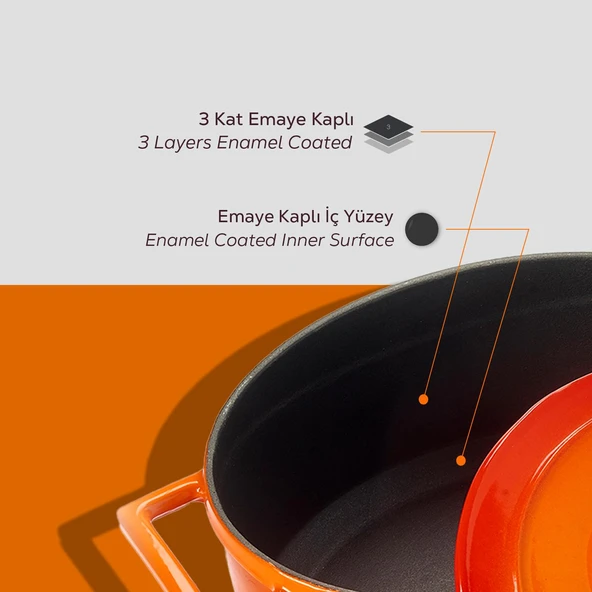 Lava Döküm Yuvarlak Tencere. Folk Çap(Ø)28cm.  Turuncu - 6