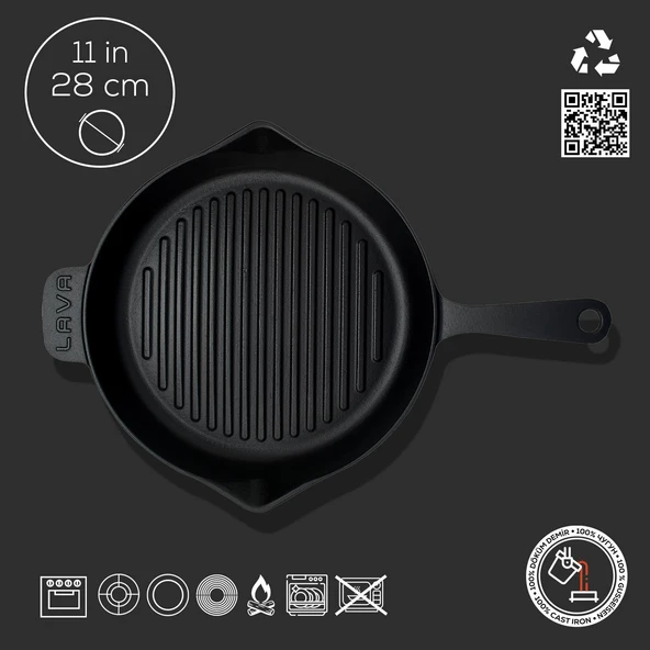 Lava Döküm Yuvarlak Izgara Tava Döküm Demir Yekpare Saplı Konkav Taban 12mm. Çap(Ø)28cm. - 4