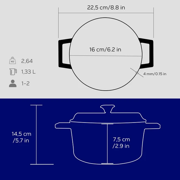 Lava Döküm Yuvarlak Tencere. Trendy Çap(Ø) 16cm.  Mavi - Resim 4