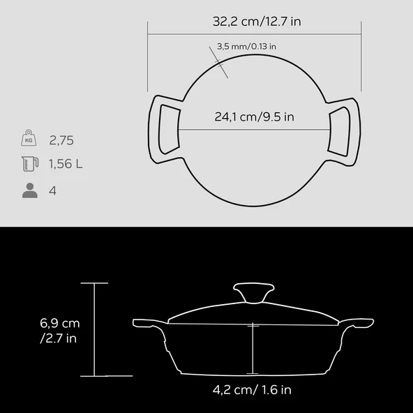 Lava Döküm Yuvarlak Sahan Cam Kapaklı Döküm Demir Yekpare Çift Kulplu Çap(Ø)24cm.  Siyah - Resim 5