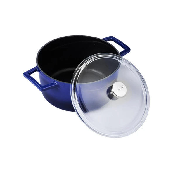 Lava Döküm Yuvarlak Tencere Cam kapaklı. Glaze Çap(Ø)24cm.  Mavi - Resim 2