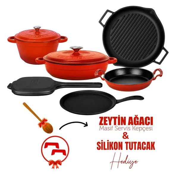 Lava Döküm 6x Trendy Serisi 9 Parça Tencere & Tava Seti  Kırmızı