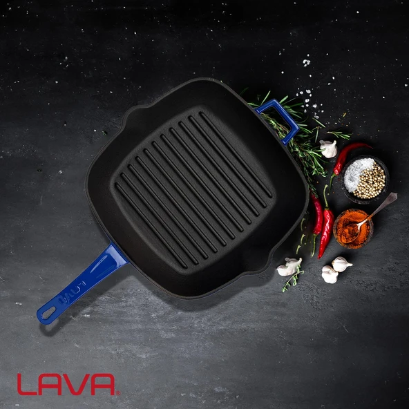 Lava Döküm Kare Izgara Tava Döküm Demir Yekpare Saplı Ölçü 26x26cm.  Mavi - Resim 7