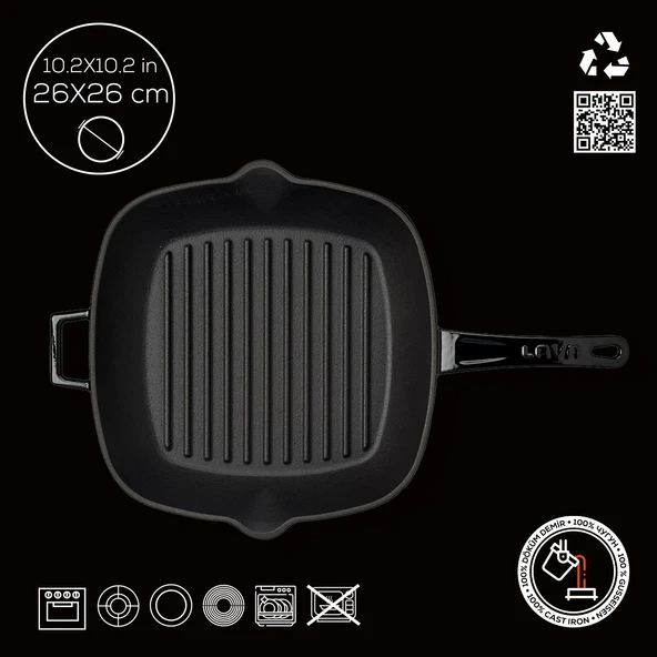 Lava Döküm Kare Izgara Tava Döküm Demir Yekpare Saplı Ölçü 26x26cm.  Siyah - Resim 4