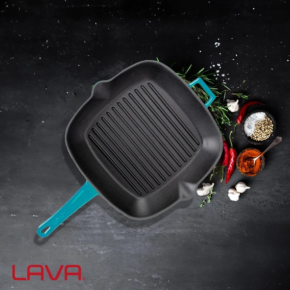 Lava Döküm Kare Izgara Tava Döküm Demir Yekpare Saplı Ölçü 26x26cm.  Turkuaz - Resim 7