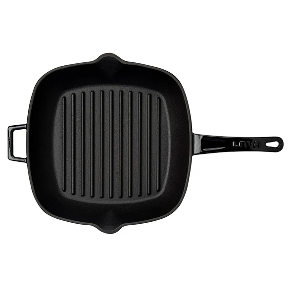 Lava Döküm Kare Izgara Tava Cam Kapaklı Döküm Demir Yekpare Saplı Ölçü 28x28cm.  Siyah - Resim 3