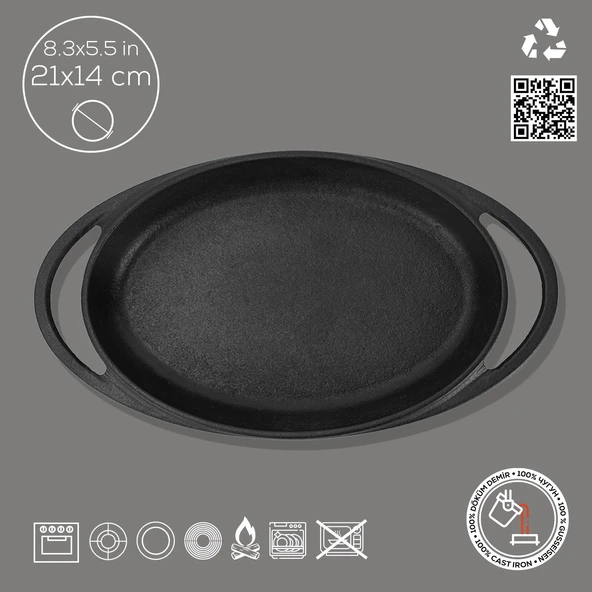 Lava Döküm Oval Sahan Döküm Demir Yekpare Çift Kulplu Ölçü 21x14cm. - Resim 2