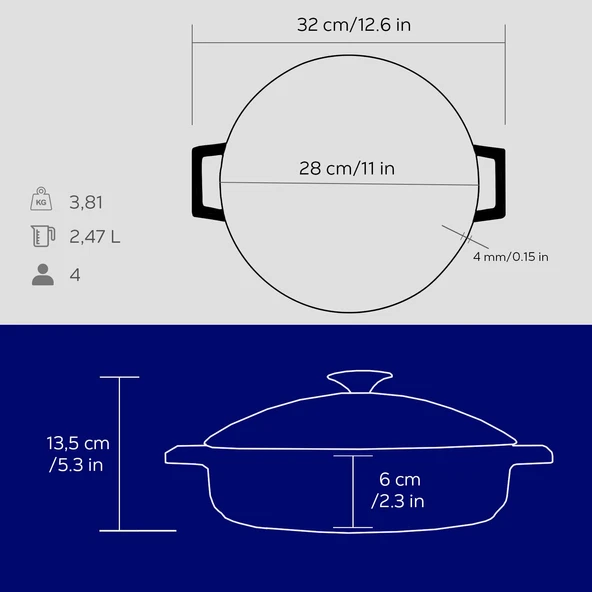 Lava Döküm Çok Amaçlı Yayvan Tencere. Glaze Serisi Çap(Ø)24cm. - Kırmızı  Mavi - Resim 5