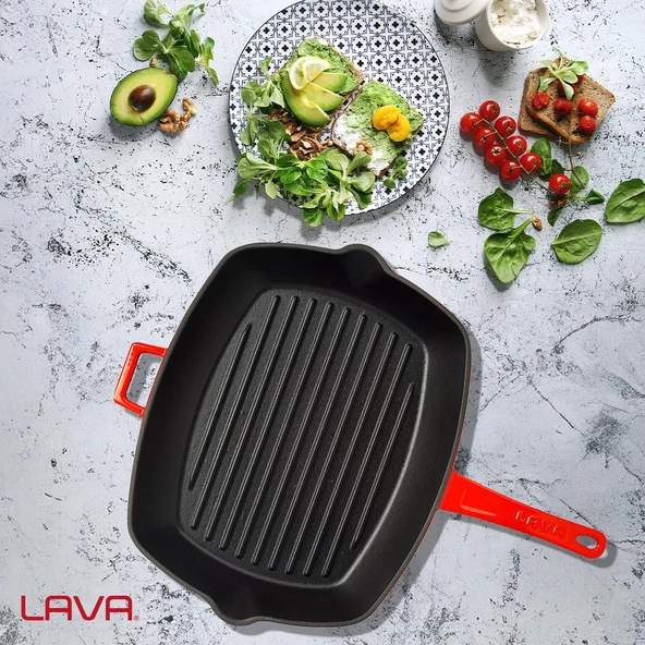 Lava Döküm Dikdörtgen Izgara Tava Döküm Demir Yekpare Saplı Ölçü 26x32cm.  Kırmızı - 8