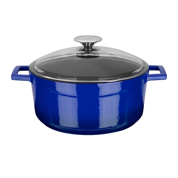 Lava Döküm Yuvarlak Tencere Cam kapaklı. Glaze Çap(Ø)24cm.  Mavi ürün görseli 1