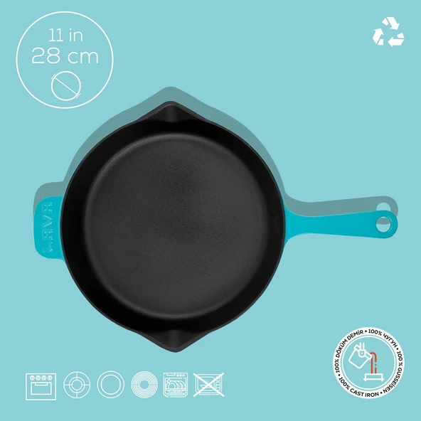 Lava Döküm Yuvarlak Kızartma Tavası Döküm Demir Yekpare Saplı Spring Serisi Çap(Ø)28cm.  Turkuaz - 4