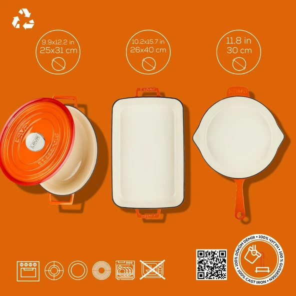 Lava Döküm 3X Edition Serisi Özel Koleksiyon Döküm Demir Tencere & Tava Seti  Turuncu - Resim 5