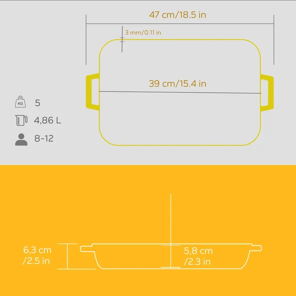 Lava Döküm Dikdörtgen Rosto ve Fırın Tepsisi Döküm Demir Yekpare Çift Kulplu Spring Serisi Ölçü 26x40cm. Sarı - 5