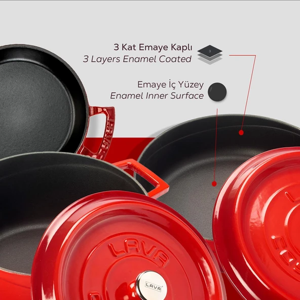 Lava Döküm 3x Trendy Serisi 6 Parça Tencere Seti  Kırmızı - Resim 5