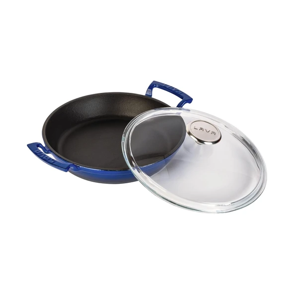 Lava Döküm Yuvarlak Sahan Cam Kapaklı Döküm Demir Yekpare Çift Kulplu Çap(Ø)24cm.  Mavi - Resim 2