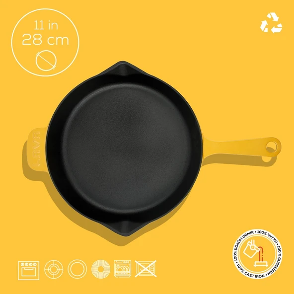 Lava Döküm Yuvarlak Kızartma Tavası Döküm Demir Yekpare Saplı Spring Serisi Çap(Ø)28cm.  Sarı - Resim 4