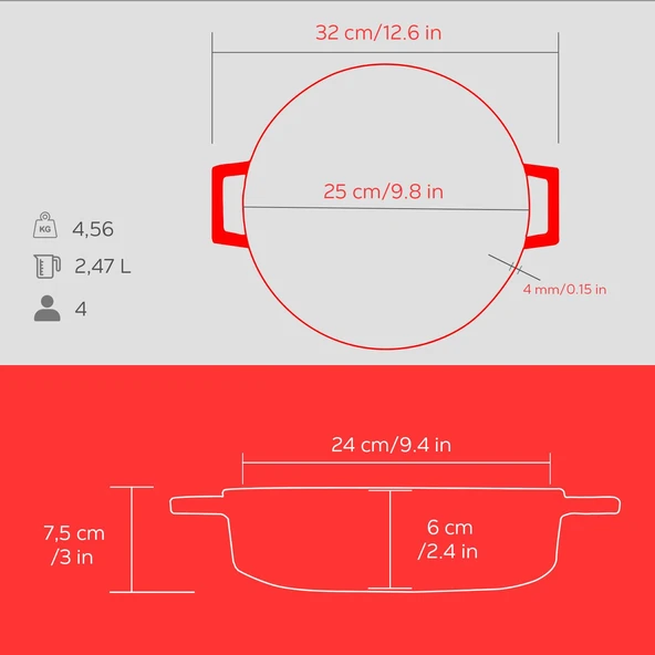 Lava Döküm Çok Amaçlı Yayvan Tencere Döküm Demir Yekpare Kulplu Spring Serisi Çap(Ø)24cm.  Kırmızı - Resim 5