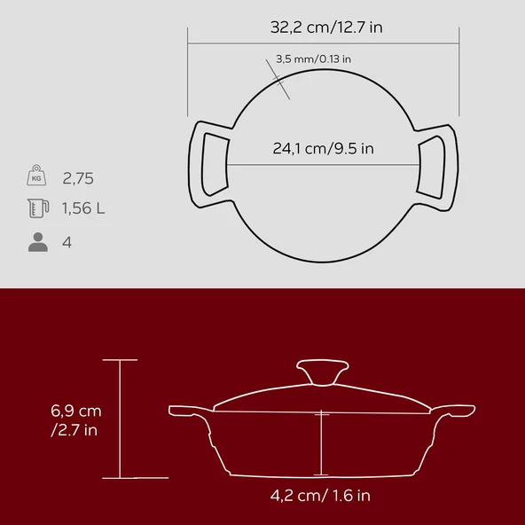 Lava Döküm Yuvarlak Sahan Cam Kapaklı Döküm Demir Yekpare Çift Kulplu Çap(Ø)24cm.  Kırmızı - 5