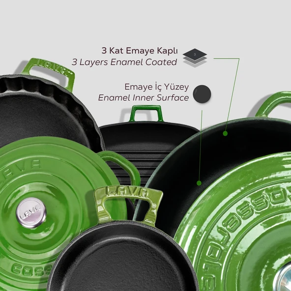 Lava Döküm 5X New Heritage Serisi Döküm Demir Tencere & Tava Seti  Yeşil - Resim 5