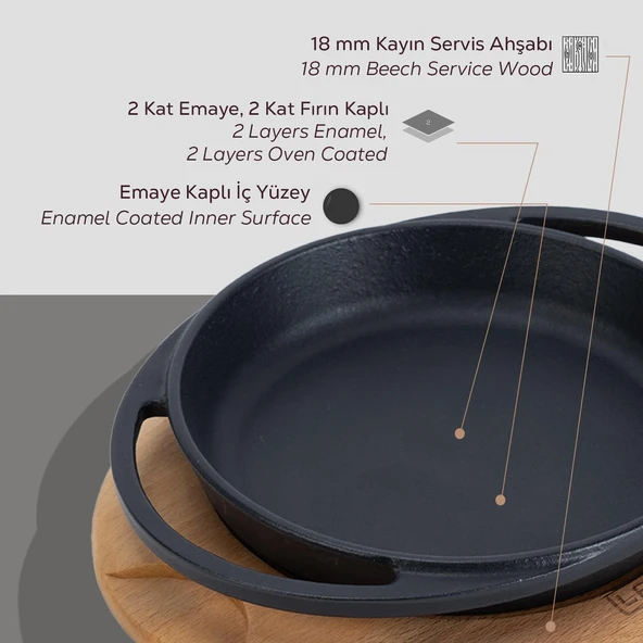 Lava Döküm Yuvarlak Sahan Döküm Demir Yekpare Çift Kulplu Kayın Servis Ahşabı Çap(Ø)16cm. - Resim 6