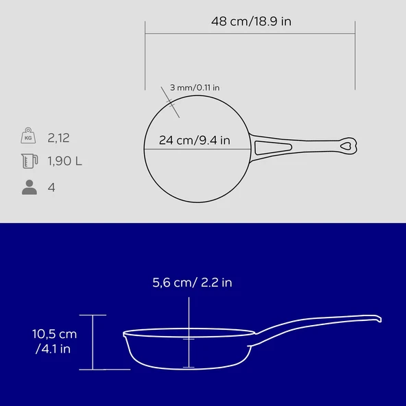 Lava Döküm Yuvarlak Kızartma Tavası Döküm Demir Yekpare Saplı Çap(Ø)24cm.  Mavi - Resim 5