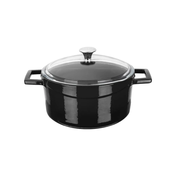 Lava Döküm Yuvarlak Tencere Cam kapaklı. Glaze Çap(Ø)20cm.  Siyah ürün görseli 1
