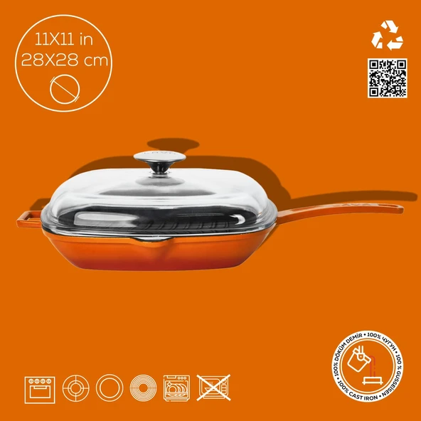 Lava Döküm Kare Izgara Tava Cam Kapaklı Döküm Demir Yekpare Saplı Ölçü 28x28cm.  Turuncu - Resim 4