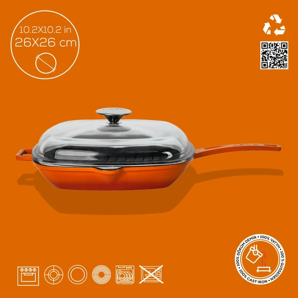 Lava Döküm Kare Izgara Tava Cam Kapaklı Döküm Demir Yekpare Saplı Ölçü 26x26cm.  Turuncu - 4