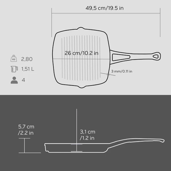 Lava Döküm Kare Izgara Tava Döküm Demir Yekpare Saplı. Ölçü 26x26cm. - Resim 4