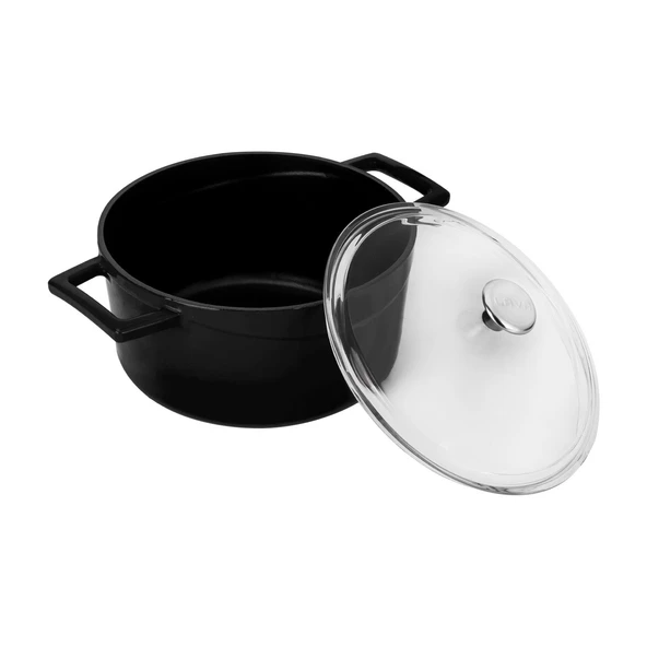 Lava Döküm Yuvarlak Tencere Cam kapaklı. Glaze Çap(Ø)20cm.  Siyah - Resim 2