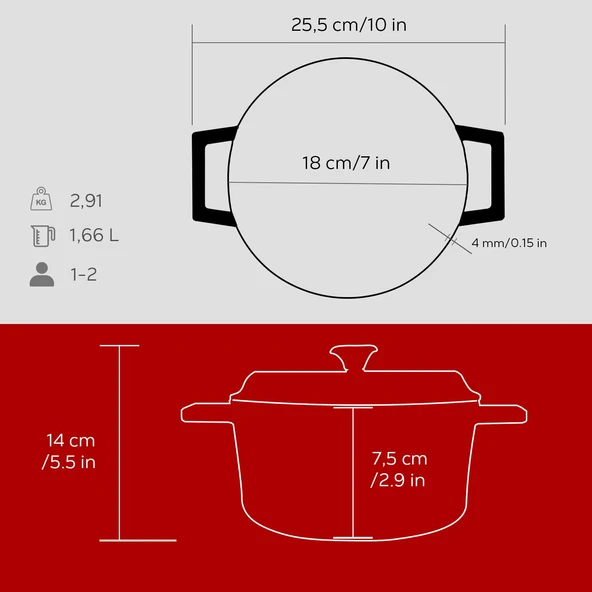 Lava Döküm Yuvarlak Tencere. Trendy Çap(Ø) 18cm.  Kırmızı - Resim 4