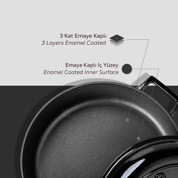 Lava Döküm Çok Amaçlı Yayvan Tencere. Kubbe Form Kapaklı Folk Serisi Çap(Ø)28cm.  Siyah - Resim 6