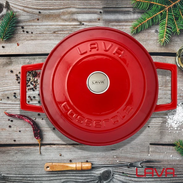 Lava Döküm Yuvarlak Tencere. Folk Çap(Ø)20cm.  Kırmızı - Resim 7