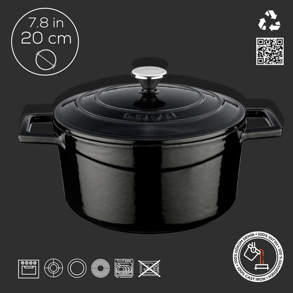 Lava Döküm Yuvarlak Tencere. Folk Çap(Ø)20cm.  Siyah - 4