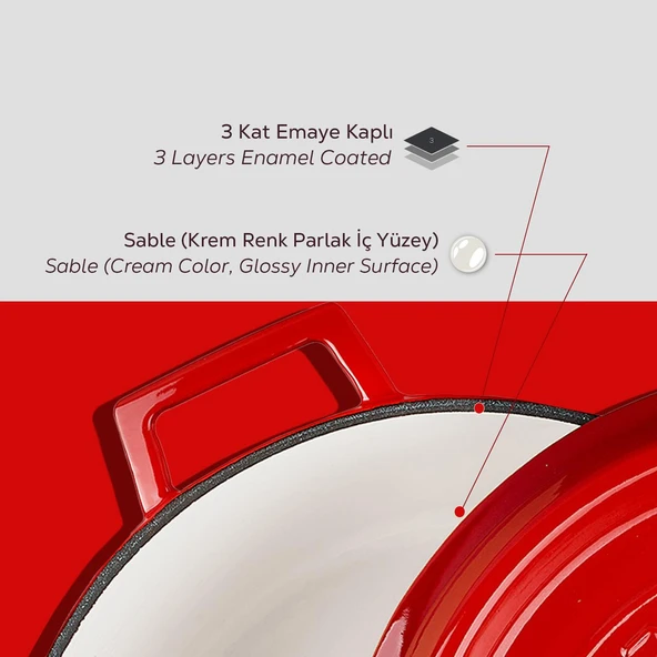 Lava Döküm Yuvarlak Tencere Döküm Demir Yekpare Kulplu Edition Serisi Çap(Ø)28cm.  Kırmızı - Resim 6