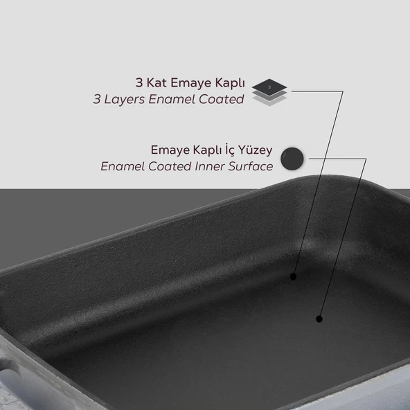 Lava Döküm Dikdörtgen Rosto ve Fırın Tepsisi Döküm Demir Yekpare Çift Kulplu Ölçü 22x30cm.  Gri - 6