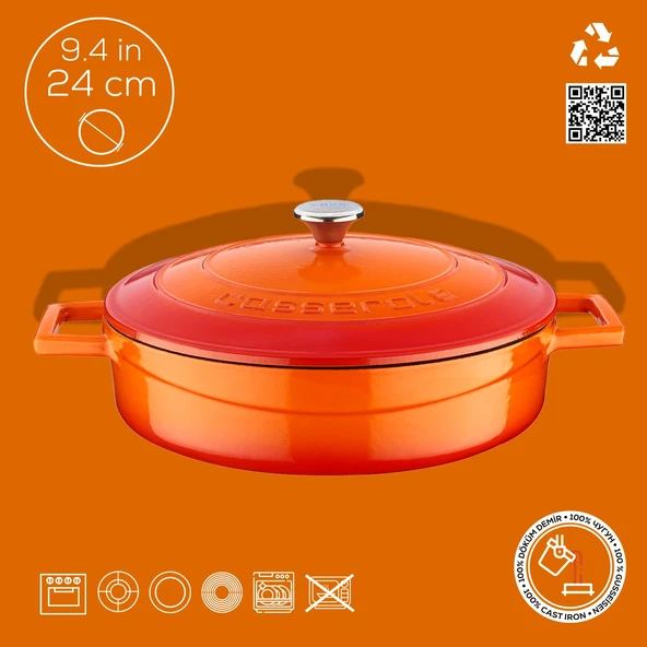 Lava Döküm Çok Amaçlı Yayvan Tencere. Folk Serisi Çap(Ø)24cm.  Turuncu - Resim 4