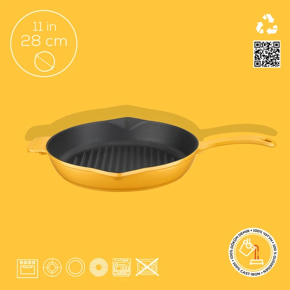 Lava Döküm Yuvarlak Izgara Tavası Döküm Demir Yekpare Saplı Spring Serisi Çap(Ø)28cm.  Sarı - 4