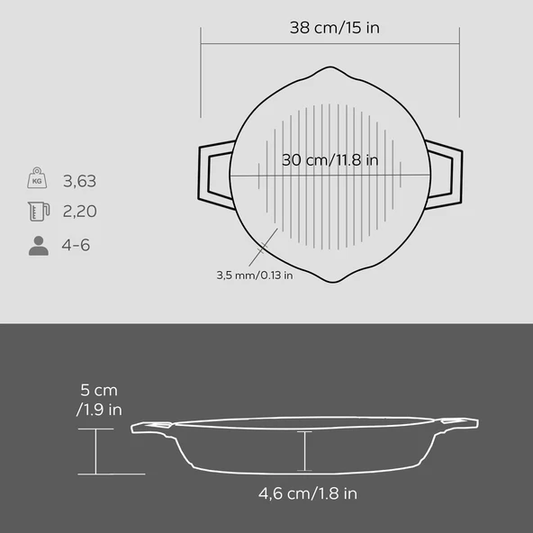 Lava Döküm Yuvarlak Izgara Tavası Döküm Demir Yekpare Çift Kulplu Konkav Taban 15mm. Çap(Ø)30cm. - 5